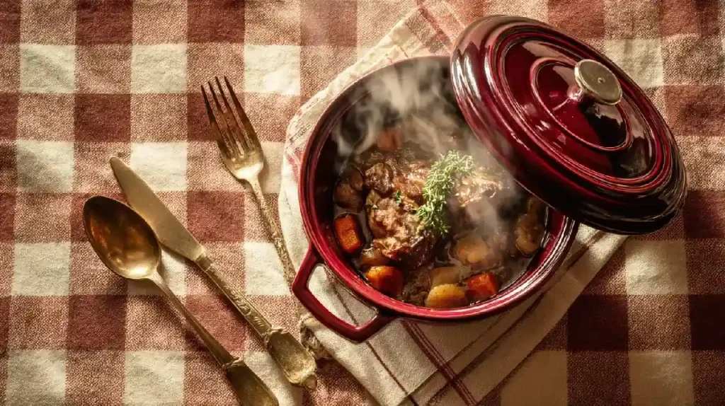 Cocotte rouge bordeaux ouverte avec viande mijotée fumante sur nappe vichy, plat traditionnel à partager bistrot français